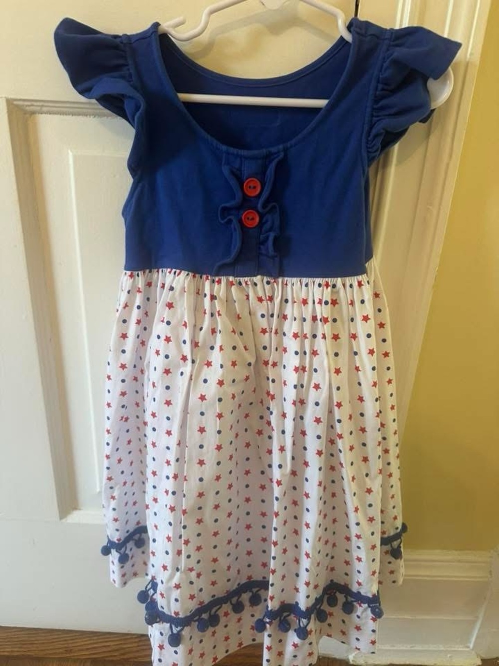 Eleanor Rose Blue and White Star Print Dress with Red Buttons size 5-6